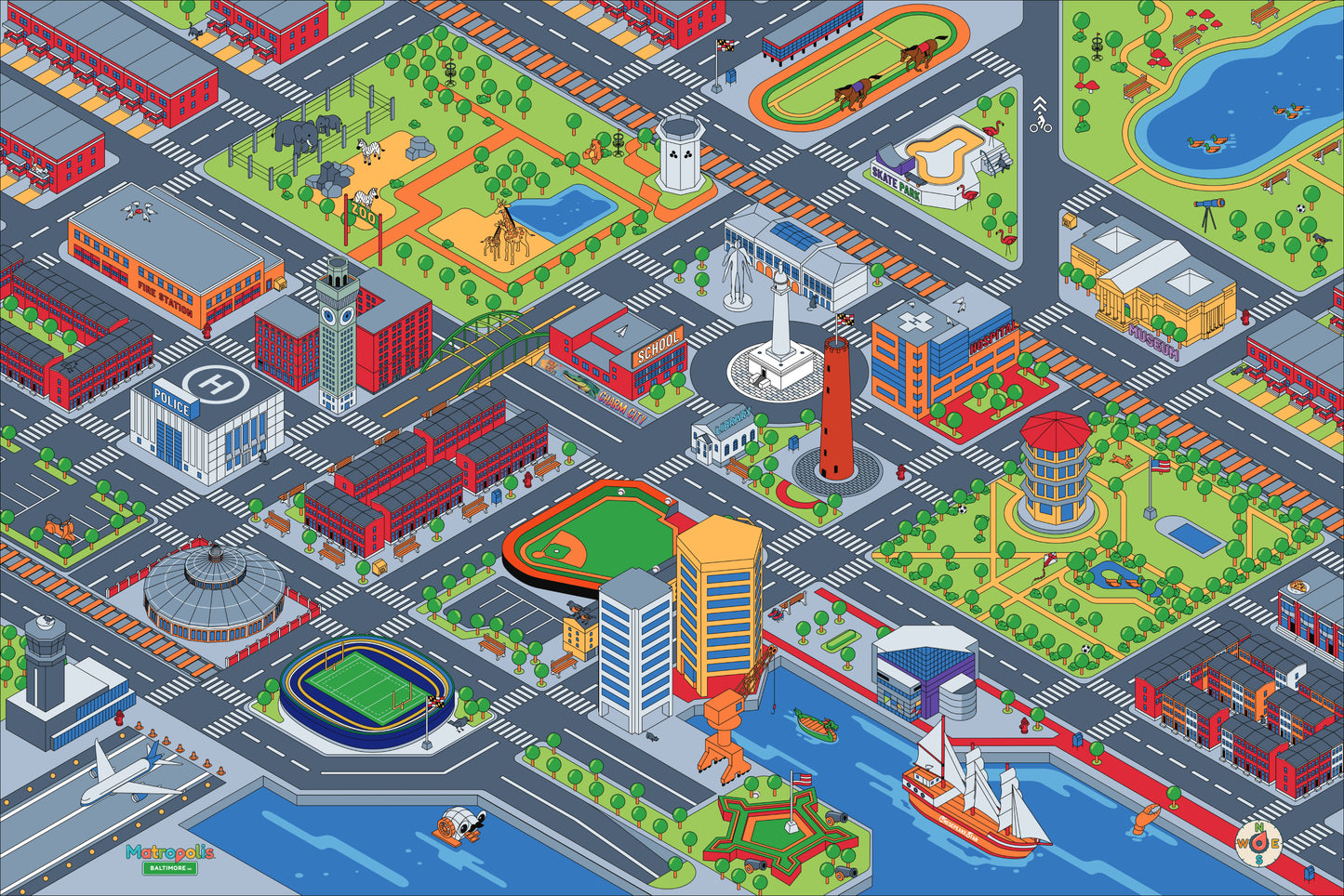Full layout of the Matropolis Baltimore city map playmat made of durable, non-toxic EVA foam for children's play areas.