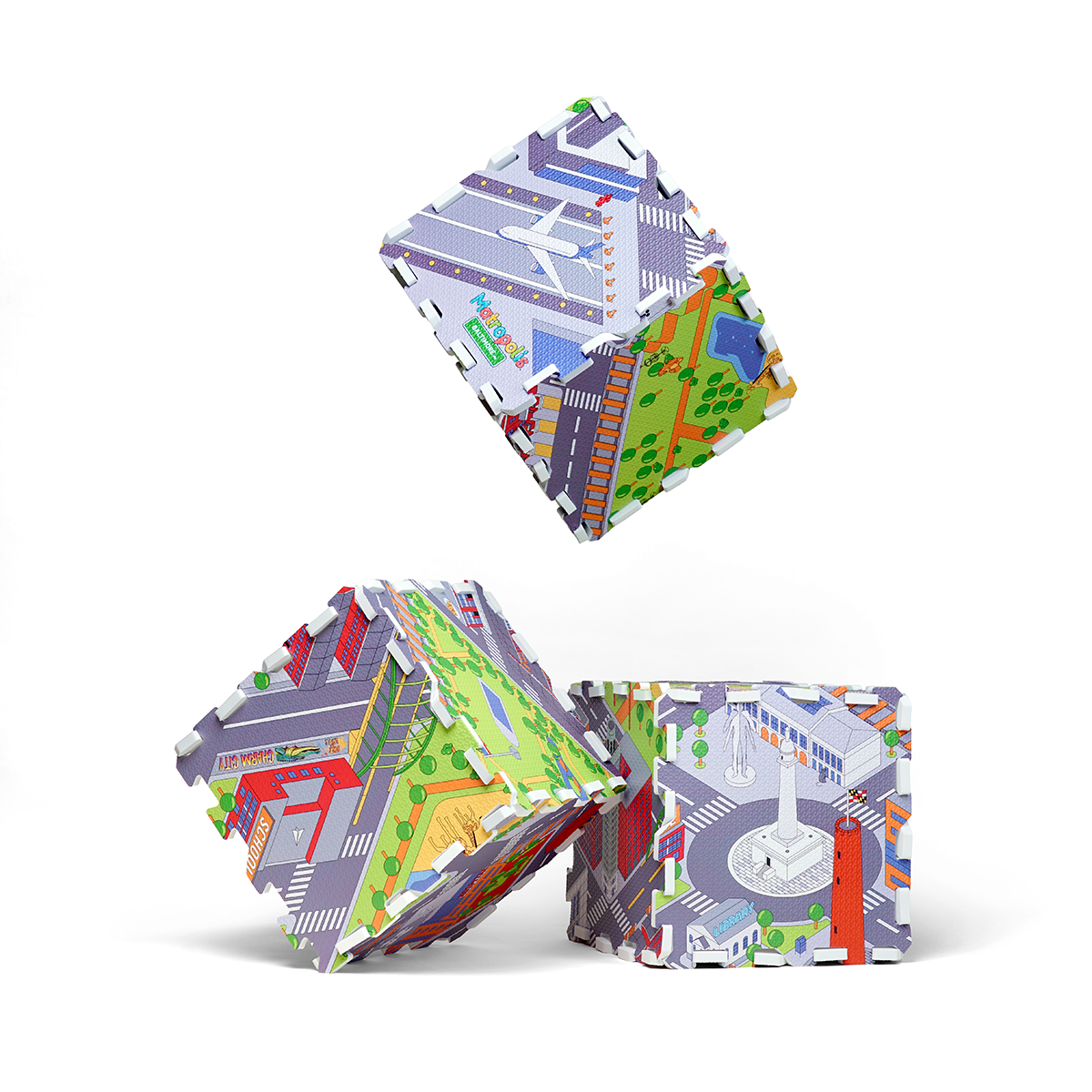 Baltimore Matropolis puzzle play mat in 3D cubes 24 interlocking BPA-free foam tiles featuring Baltimore landmarks, unique Baltimore gift for kids