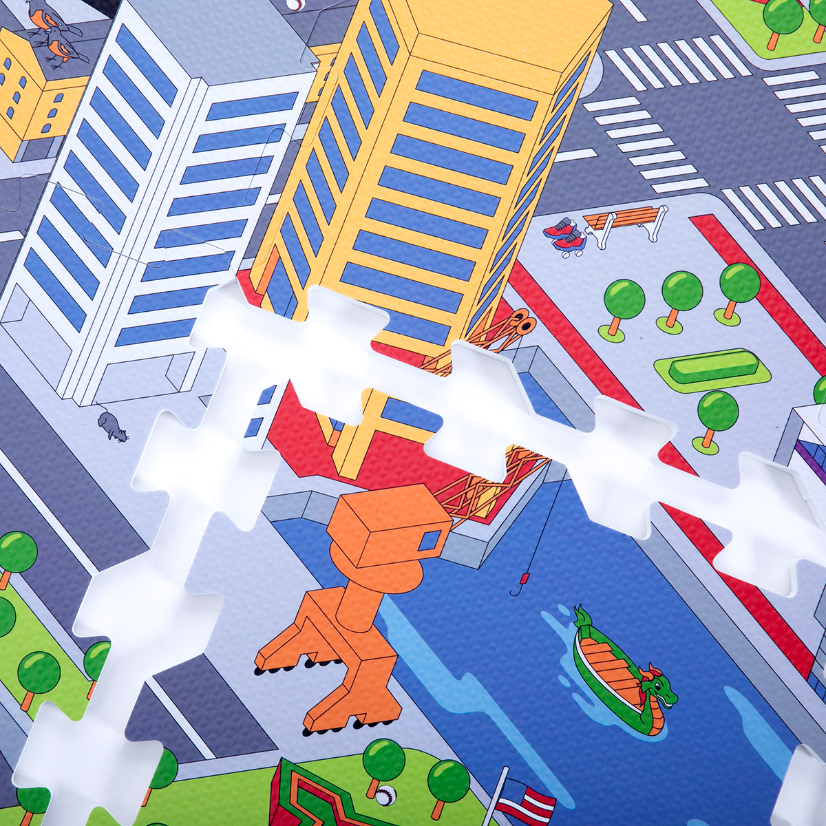 Detailed texture of Matropolis non-toxic EVA foam playmat tiles with Baltimore landmarks.