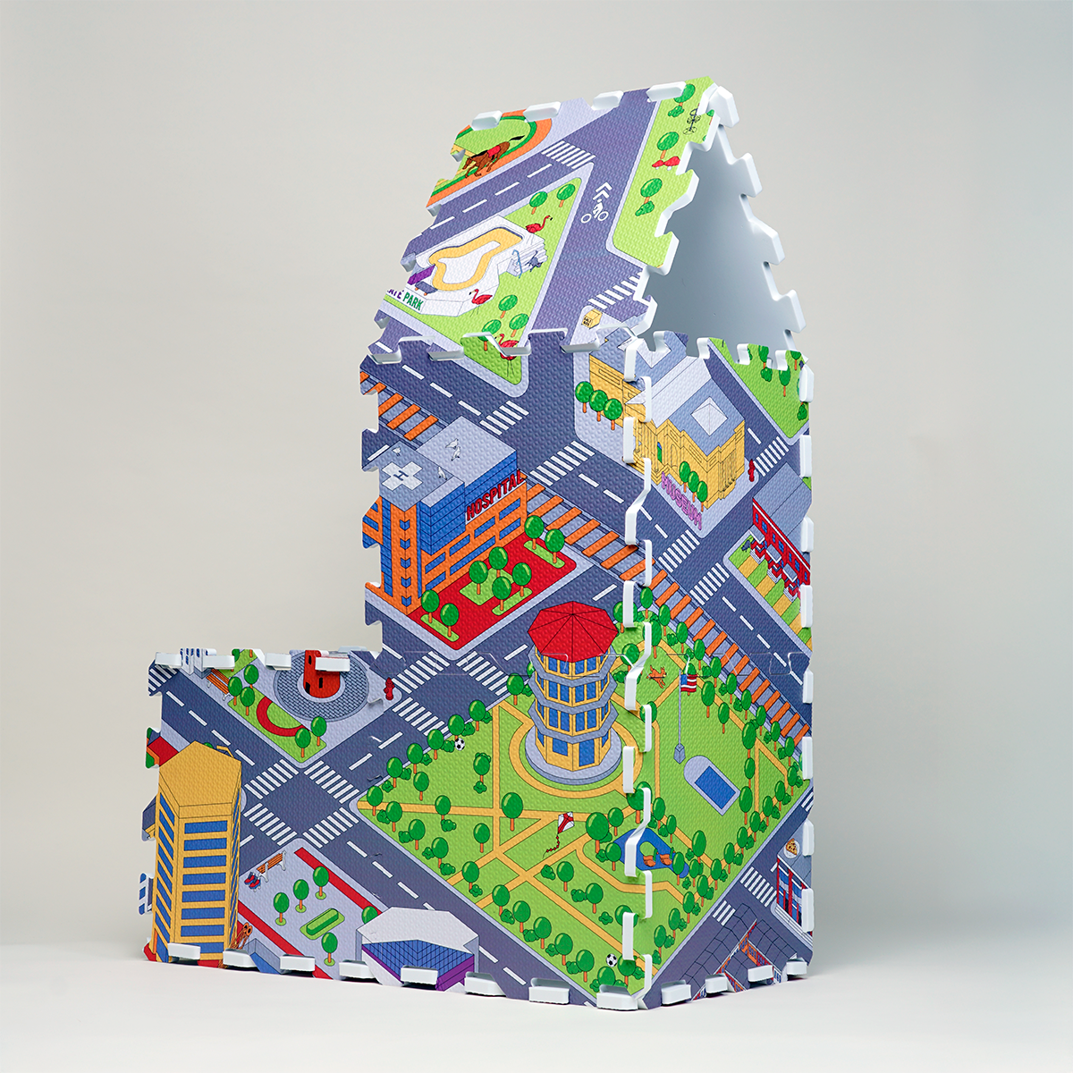 3D Tower made from Matropolis Baltimore-themed interactive Kids playmats.